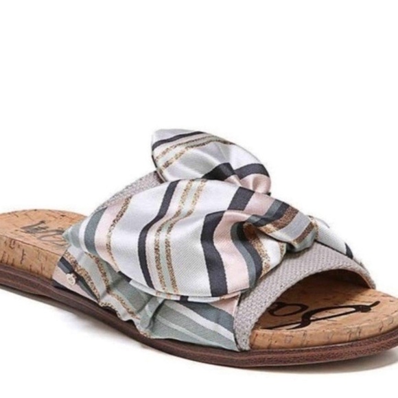 Sam Edelman Heidi Satin Bow Striped Cork Sole Slide - Picture 1 of 9